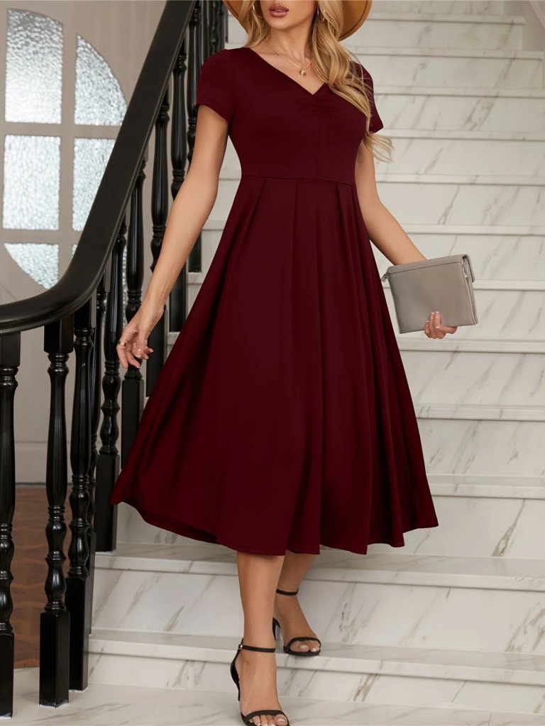 Kadın Kısa Kollu V Yakalı önden Pileli Midi Janjan Krep Elbise