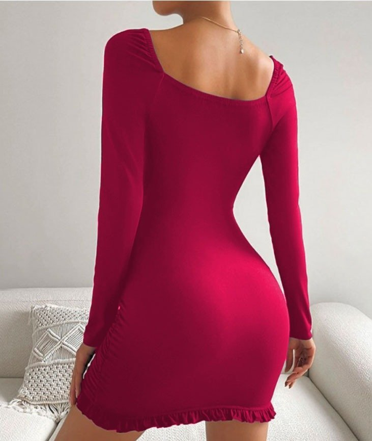 Kadın Uzun Kollu Derin V Yaka Göğüs Altı Dekolte Detay Etek Ucu Fırfırlı Sandy Mini Boy Elbise - Görsel 2