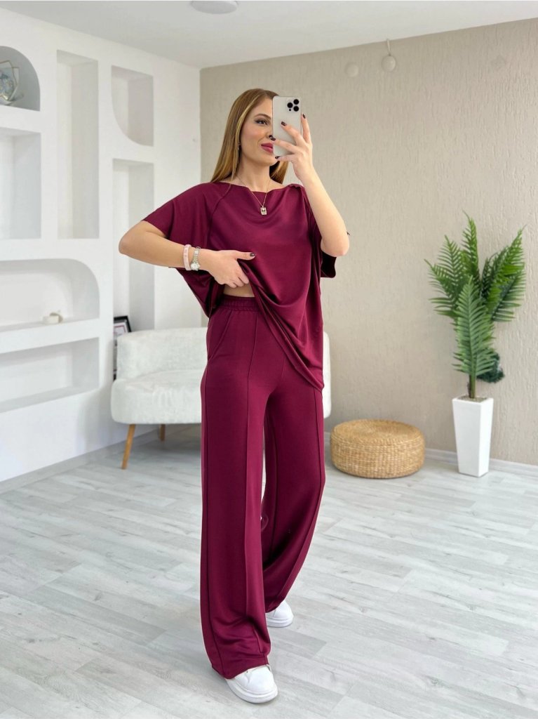 Kadın Kısa Kollu Kayık Yakalı Dikiş Izi Detaylı Viskon Iki Iplik Bluz Ve Pantolon Ikili Takım - Görsel 8