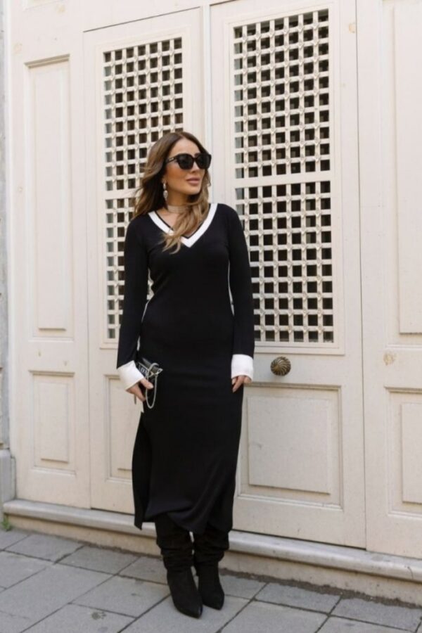 Kadın V Yaka Şerit Detaylı Çift Yırtmaçlı Elbise