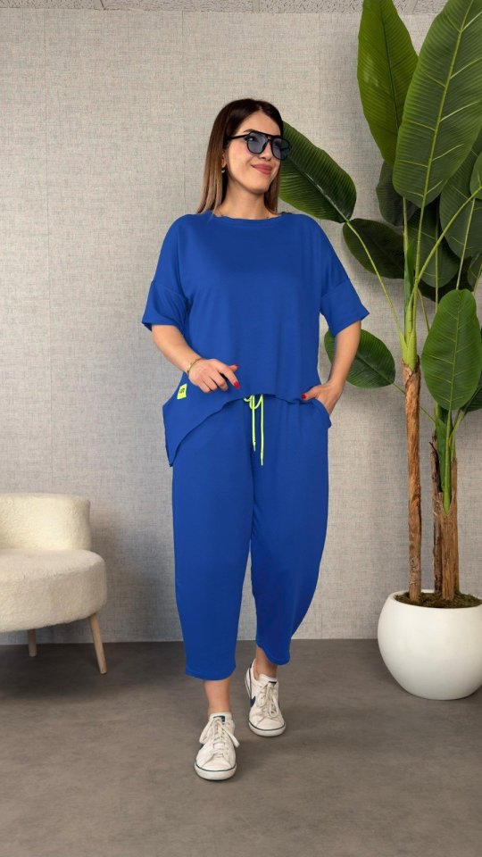 Kadın Kısa Kollu Bisiklet Yaka Viskon Iki Iplik Bluz Ve Pantolon Ikili Takım - Görsel 13