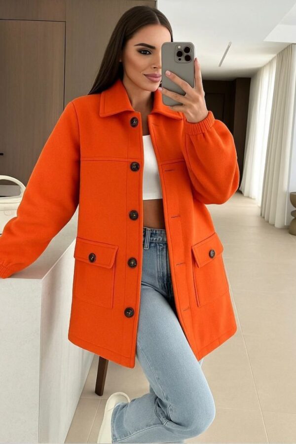 Kadın Bileği Lastikli Cep Ve Leopar Düğme Detay Kaşe Kaban