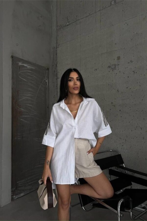 ARKASI FİLE TÜL PARÇALI GÖMLEK - Bej