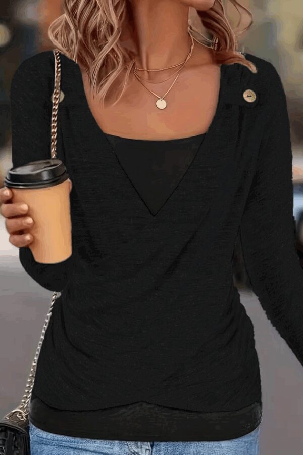 Kadın Uzun Kollu V Yaka Düğme Detaylı Yumoş Bluz
