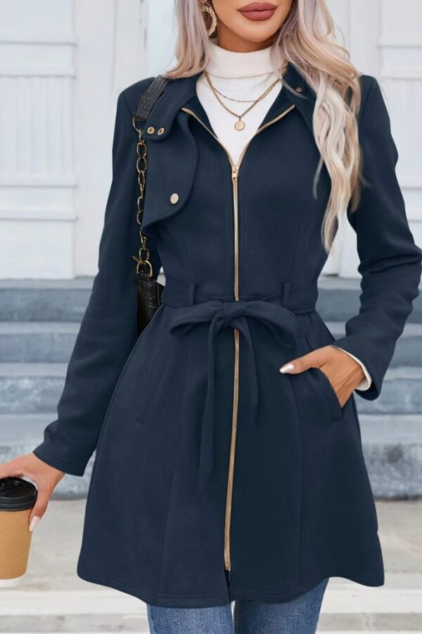 Kadın Uzun Kollu Boyundan Düğmeli Fermuarlı Beli Kuşaklı Süet Ceket