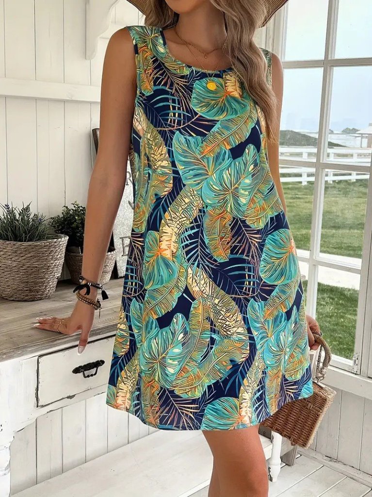 Kadın Sıfır Kollu Yuvarlak Yaka Desenli Süprem Elbise - Görsel 3