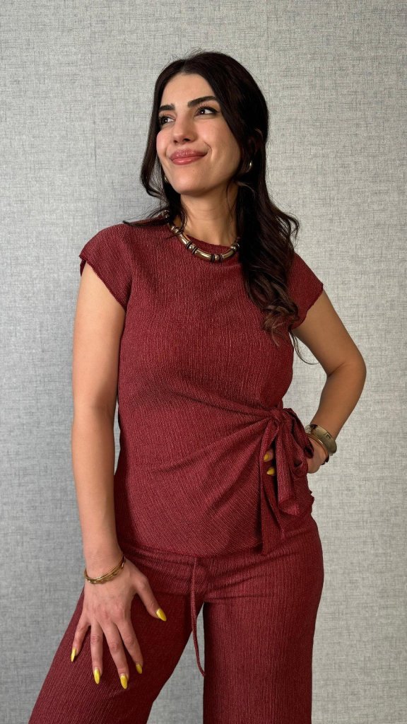 Kadın Kısa Kollu Bisiklet Yaka Yandan Bağlamalı Bürümcük Bluz Ve Pantolon Ikili Takım - Görsel 9