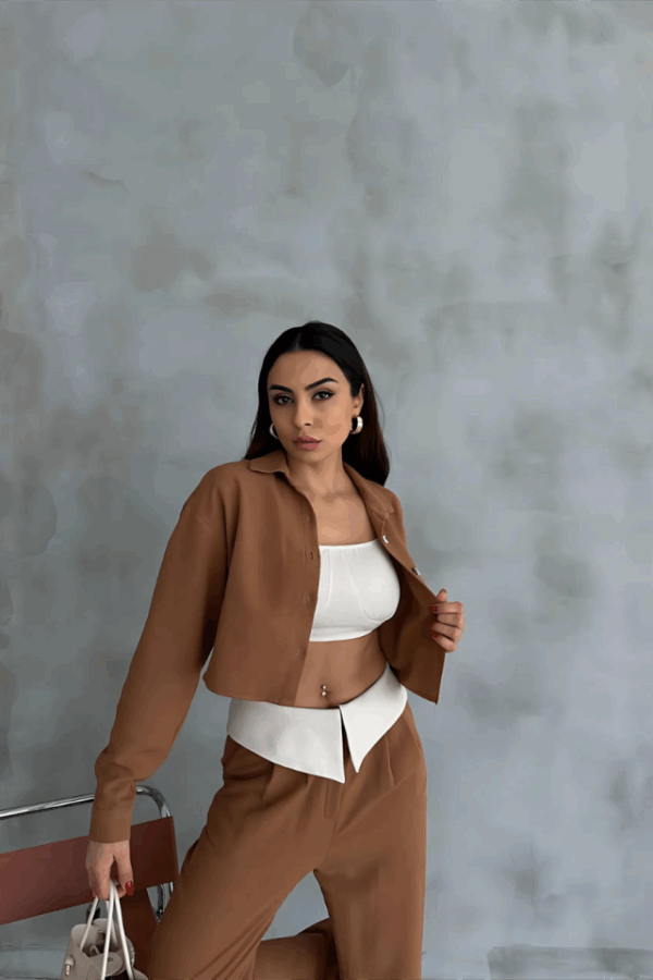 KETEN GÖMLEK-CROP-SALAŞ PANTOLON TAKIM - Mavi