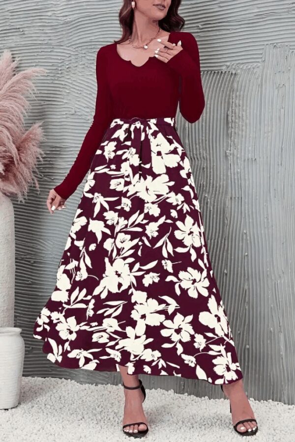 Kadın Uzun Kollu Yaka Açık üst Kaşkorse Beli Kuşaklı Alt çiçek Baskılı Dalgıç Elbise