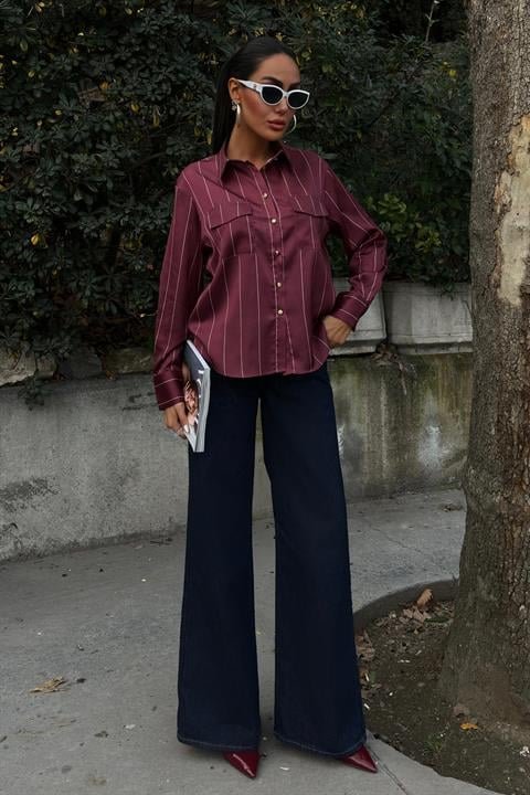 Chanel Saten Premium Çizgili Gömlek 3411