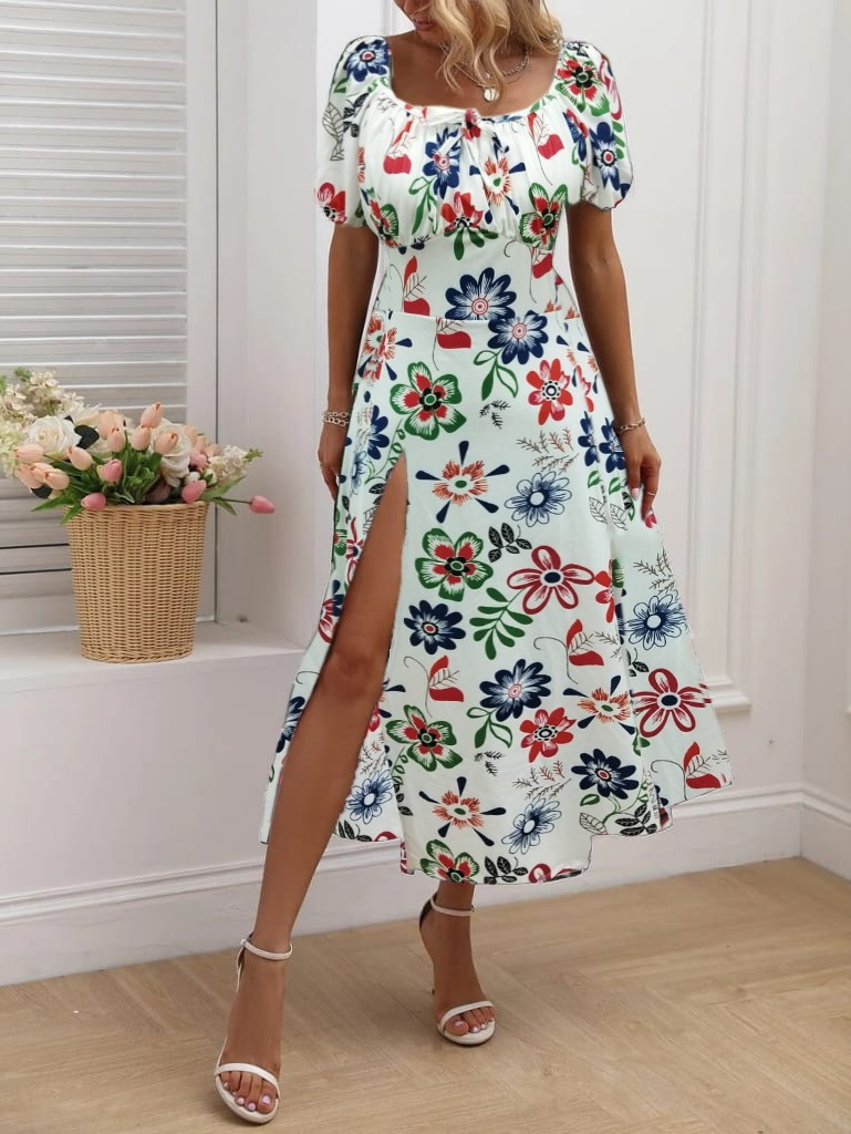 Kadın Kısa Kollu Kare Yaka önü Büzgü Ve Bağcık Yandan Yırtmaç Detayçiçek Desenli Süprem Elbise - Görsel 3