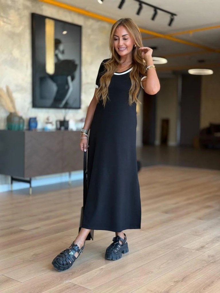 Kadın Kısa Kollu Yuvarlak Yaka Yandan Yırtmaçlı Midi Viskon Elbise - Görsel 6