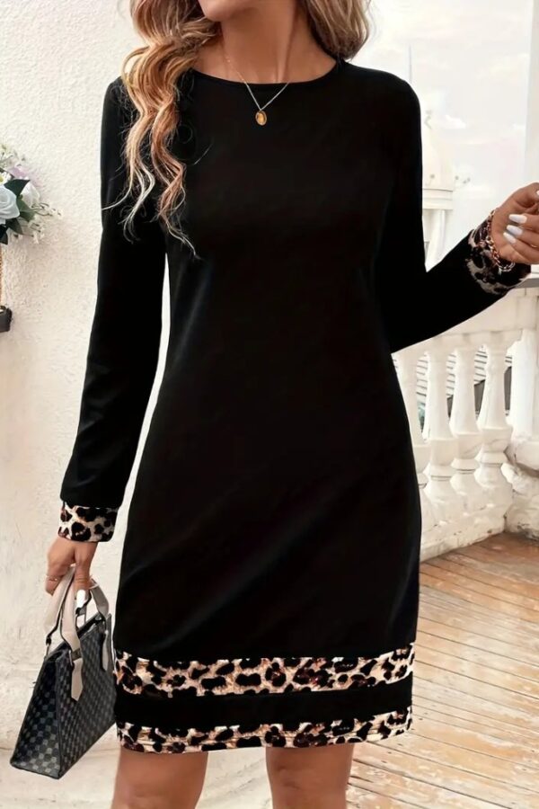 Kadın Uzun Kollu Bisiklet Yaka şerit Leopar Desenli Dalgıç Elbise
