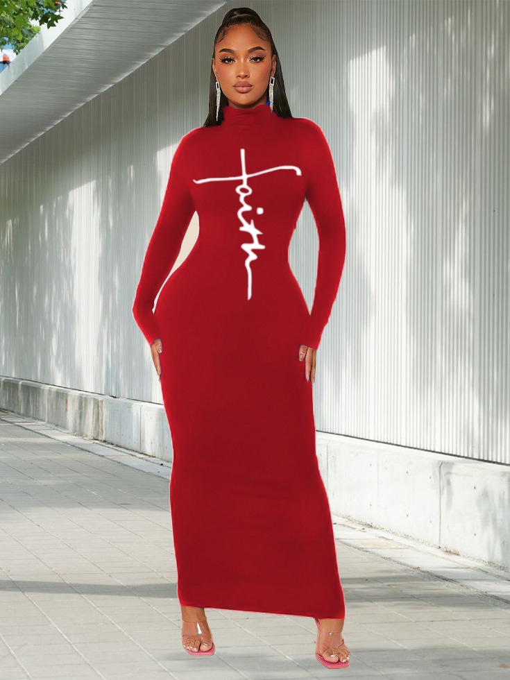 Kadın Uzun Kollu Boğazlı Baskı Detaylı Viskon Tam Boy Elbise - Görsel 17