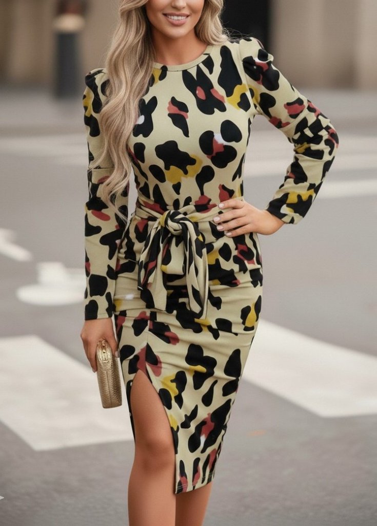 Kadın Uzun Kollu Yuvarlak Yaka Belden Kuşaklı önden Yırtmaçlı örme Krep Elbise - Görsel 6