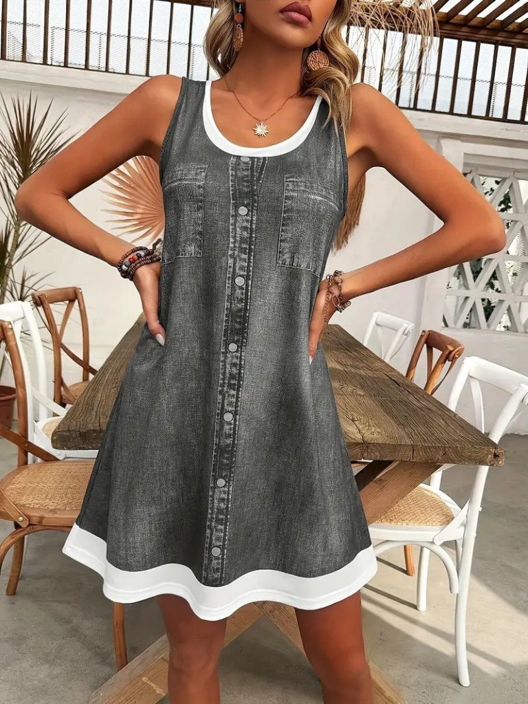 Kadın Askılı Yuvarlak Yakalı Kot Görünümlü Kısa Süprem Elbise - Görsel 11