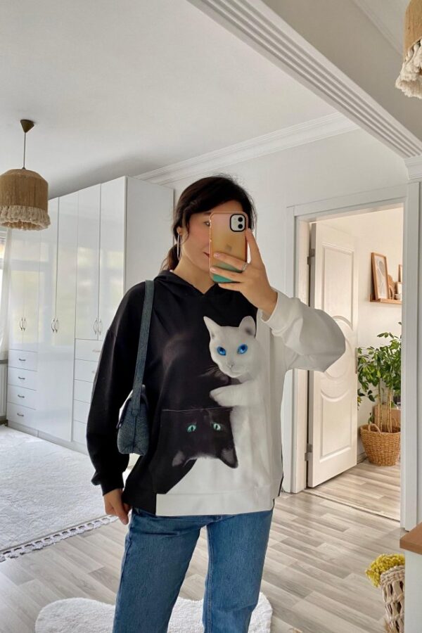 Kadın Uzun Kollu Kapşonlu Bağcıklı Kedi Desenli şardonlu Dalgıç Bluz