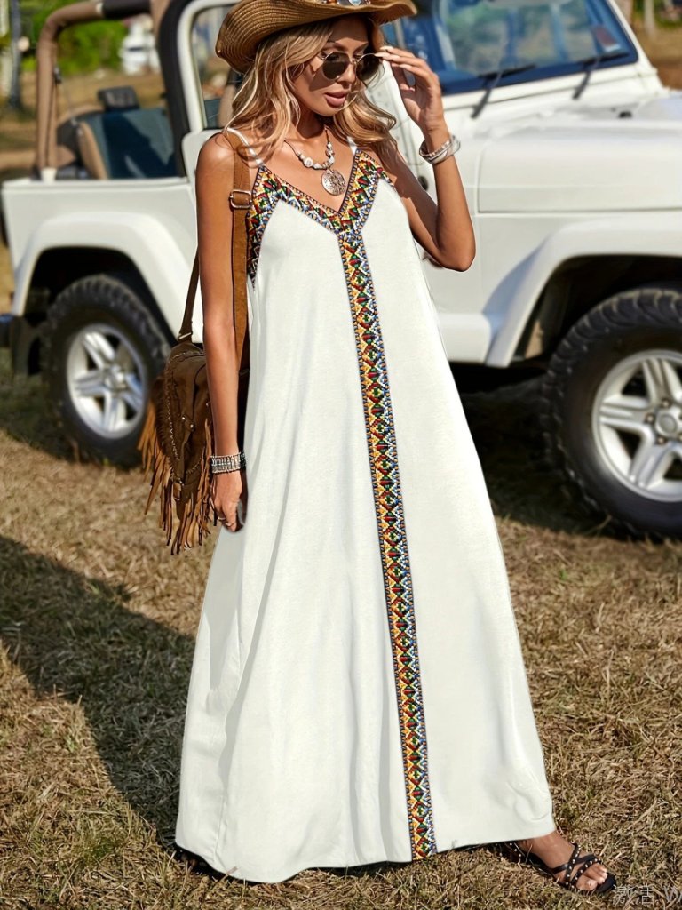 Kadın Askılı V Yakalı Etnik şerit Detaylı Uzun Viskon Elbise - Görsel 8