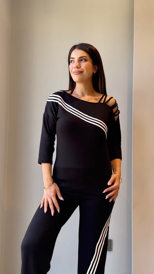 Kadın Uzun Kollu Truvakar Kol Tek Omuz çapraz şerit Detaylı Ribanalı Viskon Iki Iplik Bluz Ve Pantolon Ikili Takım - Görsel 7