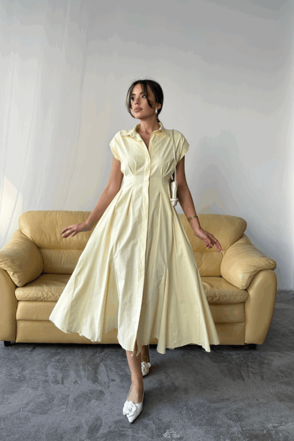 KOLSUZ VATKALI ÖNDEN DÜĞMELİ  BEL PENS DETAYLI POPLİN ELBİSE - Pembe