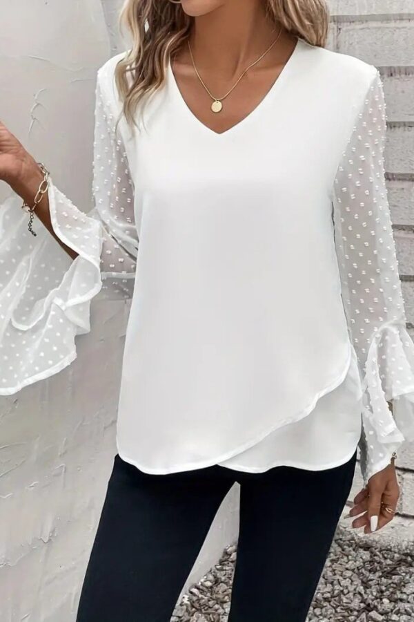 Kadın Uzun Kollu V Yakalı Kolları Ispanyol Detayı Sandy Bluz