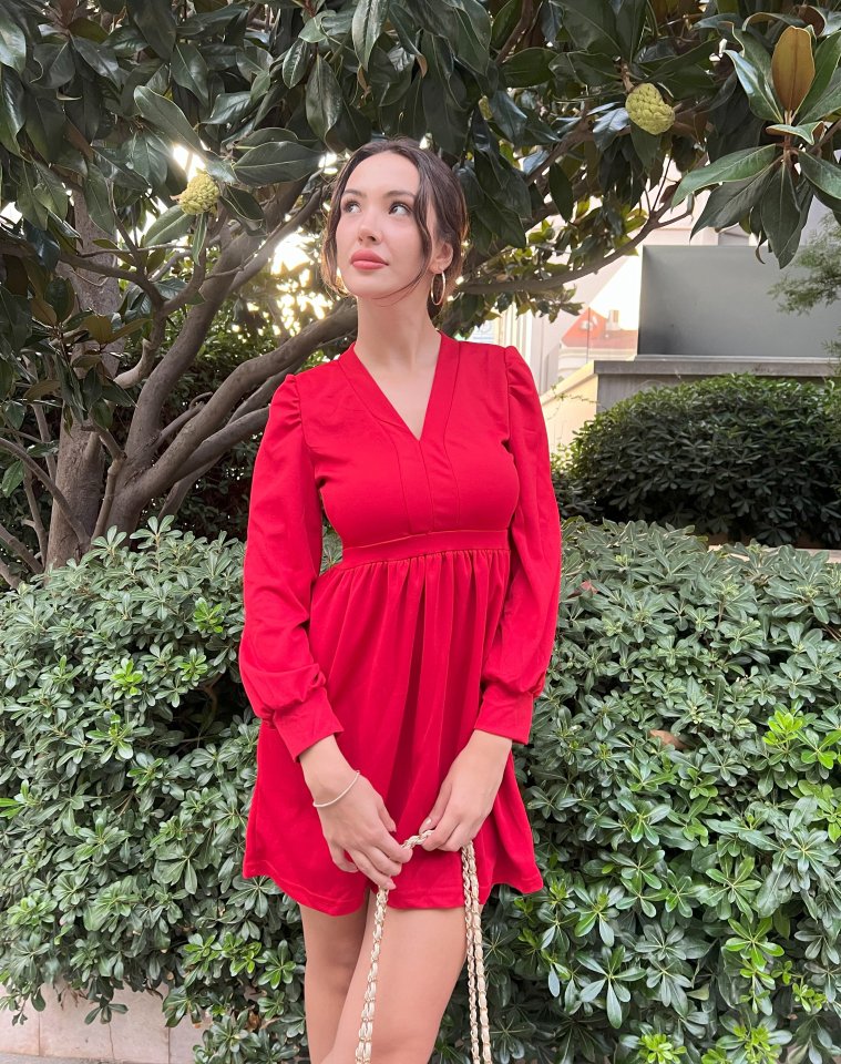 Kadın Uzun Kollu V Yaka Belden Hafif Pileli Scuba Krep Mini Boy Elbise - Görsel 2