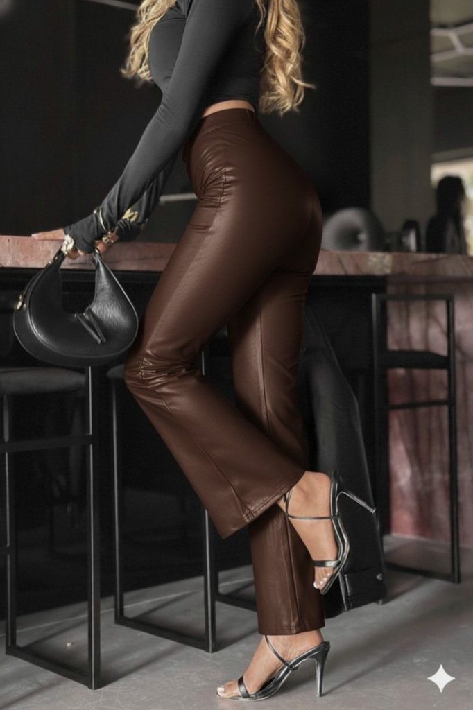 Kadın Yüksek Bel Paçaya Doğru Geniş Deri Pantolon - Görsel 3