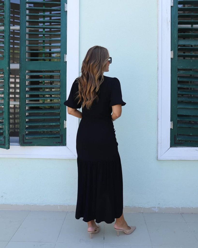 Kadın Kısa Kollu Bisiklet Yakalı Yandan Yırtmaçlı Büzgülü Janjan Krep Elbise - Görsel 5