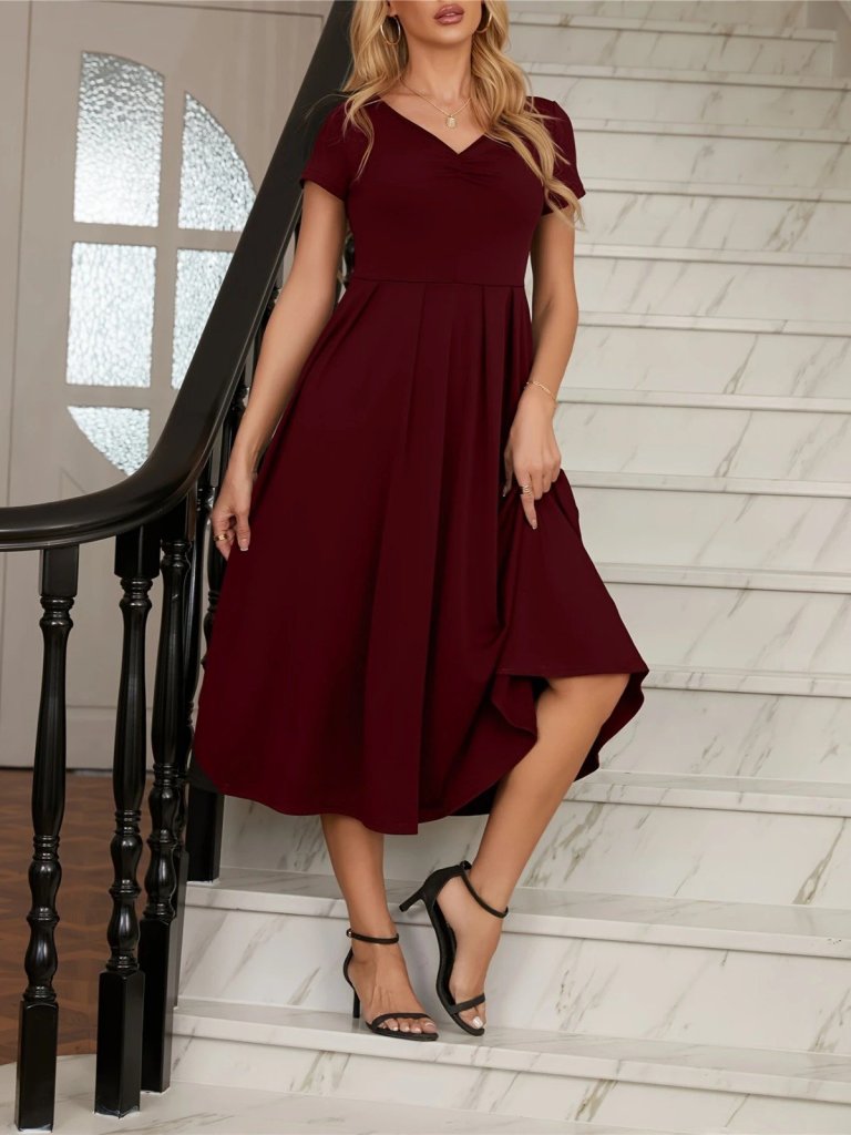 Kadın Kısa Kollu V Yakalı önden Pileli Midi Janjan Krep Elbise - Görsel 4