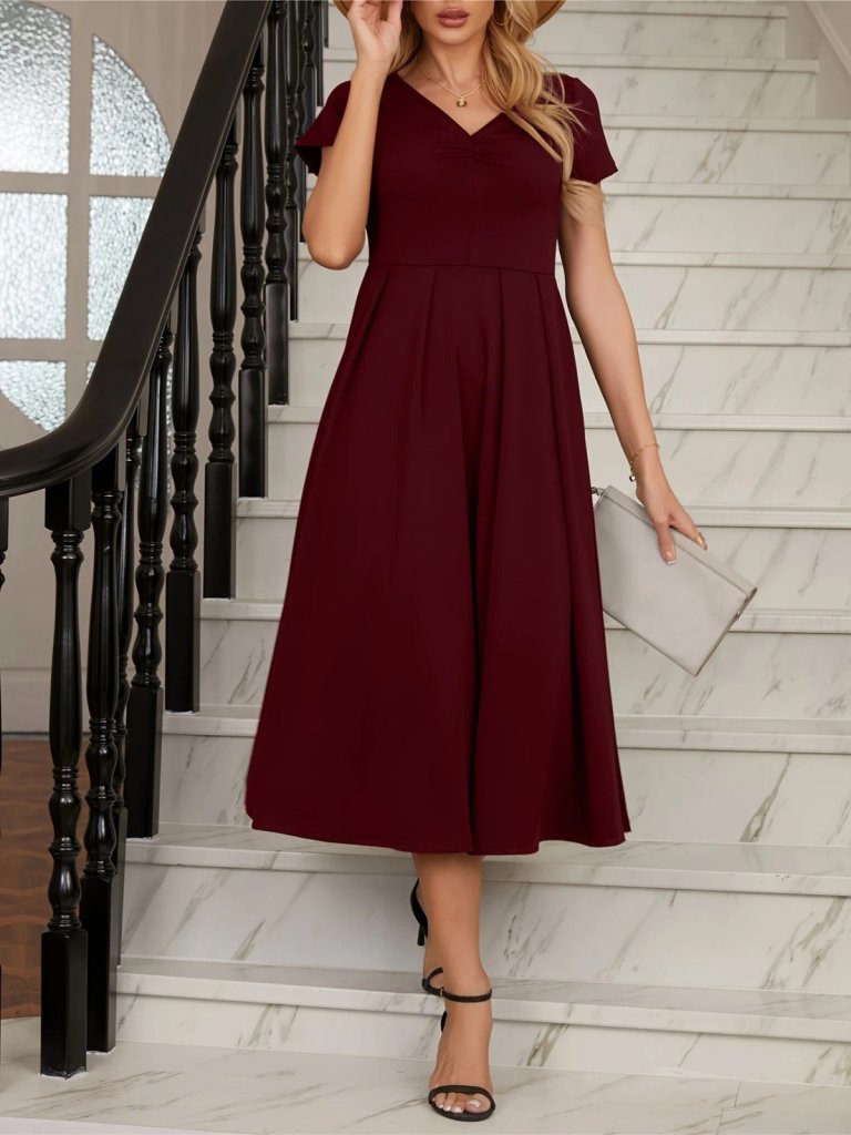 Kadın Kısa Kollu V Yakalı önden Pileli Midi Janjan Krep Elbise - Görsel 6