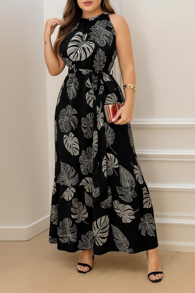 Kadın Sıfır Kok Bağcıklı Kemerli Etek Ucu Fırfırlı Desenli Süprem Elbise - Görsel 3