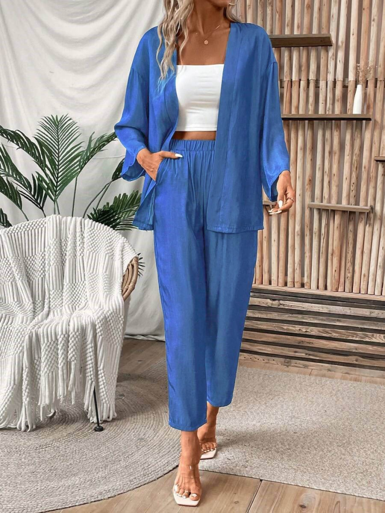 Kadın Uzun Kollu önü Açık Dokuma Ceket Ve Pantolon Ikili Takım - Görsel 5