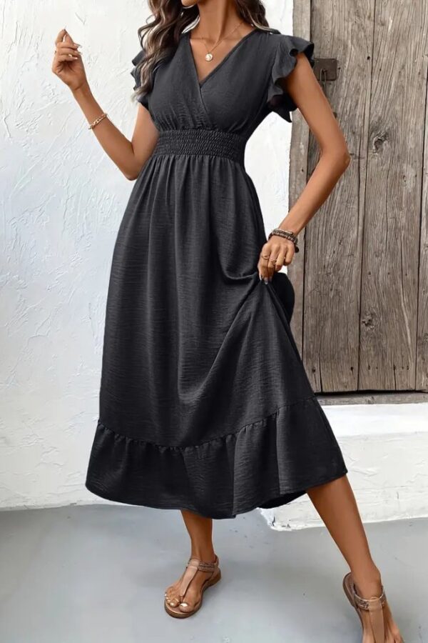 Kadın Kısa Kelebek Kollu Kruvaze Yakalı Beli Lastikli Aerobin Elbise