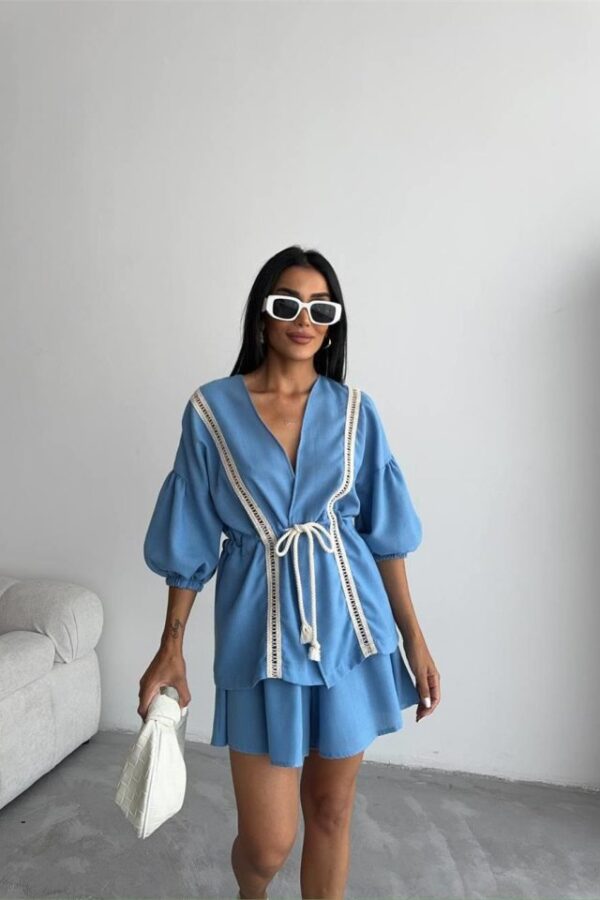 KETEN BEL BÜZGÜLÜ BLUZ-PANTOLON TAKIM - Mavi