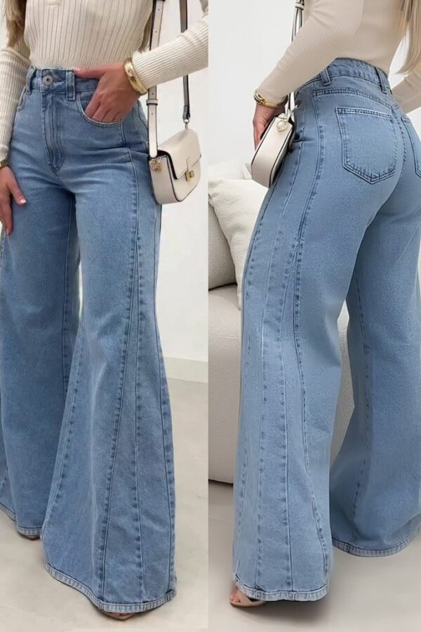 Kadın Yüksek Bel Paçaya Doğru Geniş Kesimli Kot Pantolon