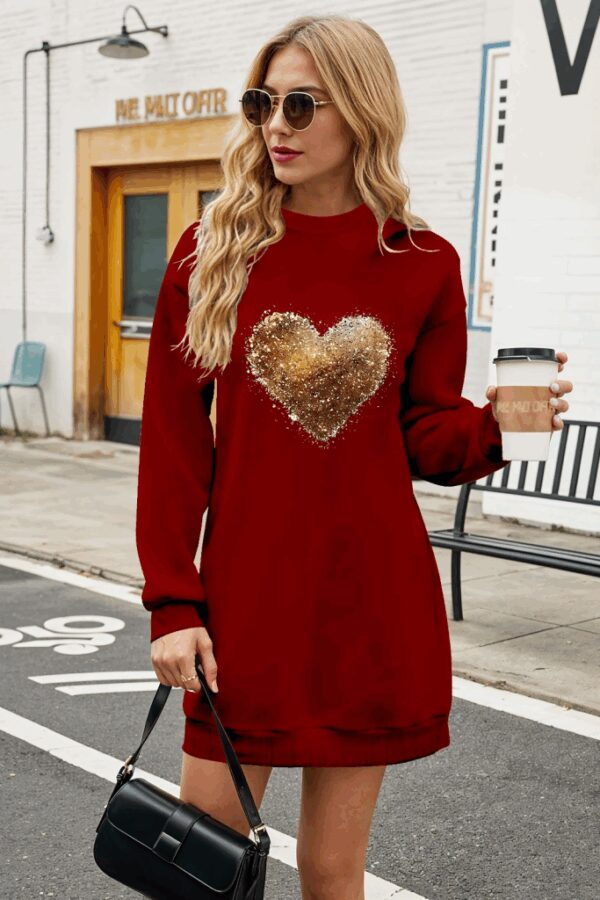 Kadın Uzun Kollu Bisiklet Yaka Kalp Desenli Viskon Iki Iplik Bluz