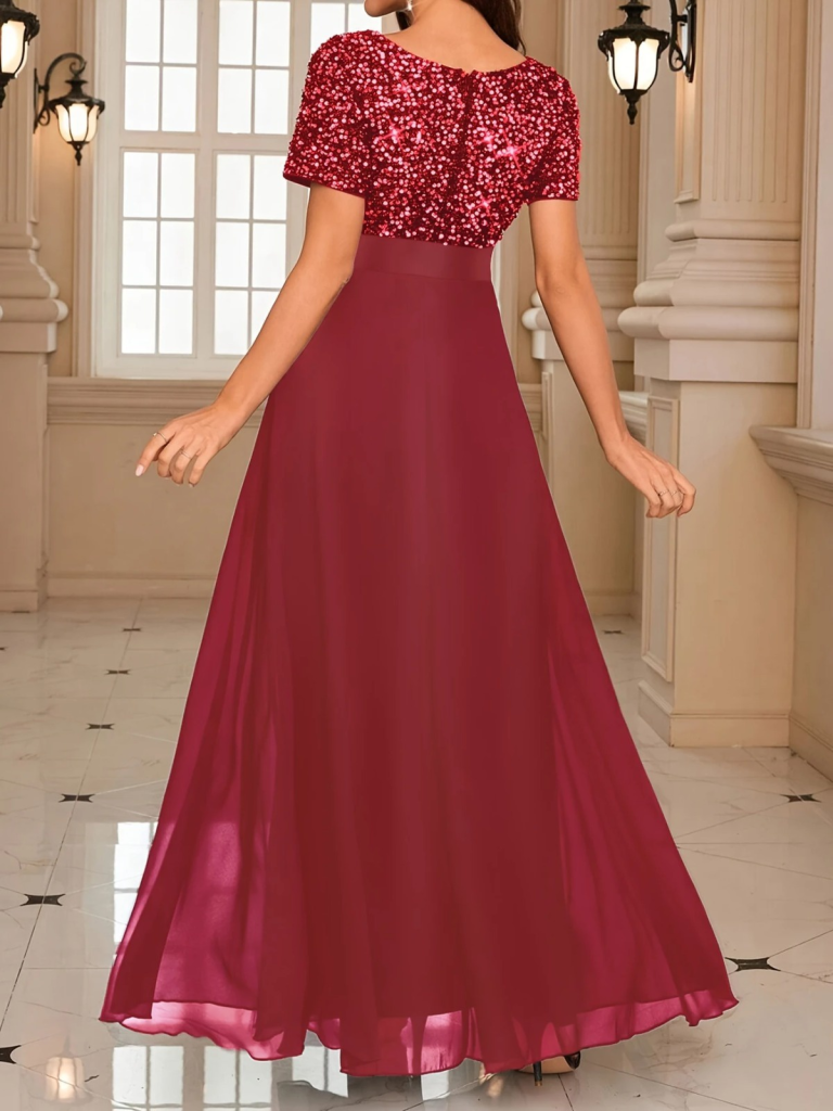 Kadın Kısa Kollu Derin V Yakalı A Kesim Pulpayet Detaylı şifon Nedime Elbisesi - Görsel 9