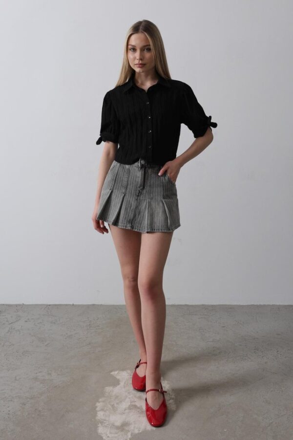 Kolları Bağlamalı Crop Gömlek - Siyah