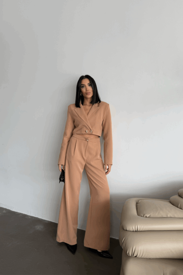 CROP CEKET - PANTOLON TAKIM GOLD DÜĞME DETAYLI - Kahverengi