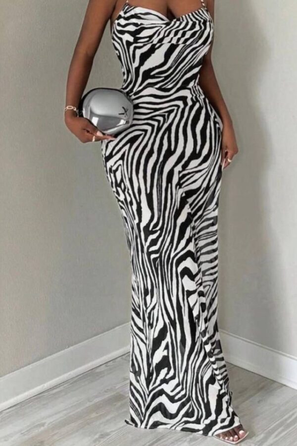 Kadın Kadın Ip Askılı Dökümlü Yaka Zebra Desen Maxi Boy Elbise