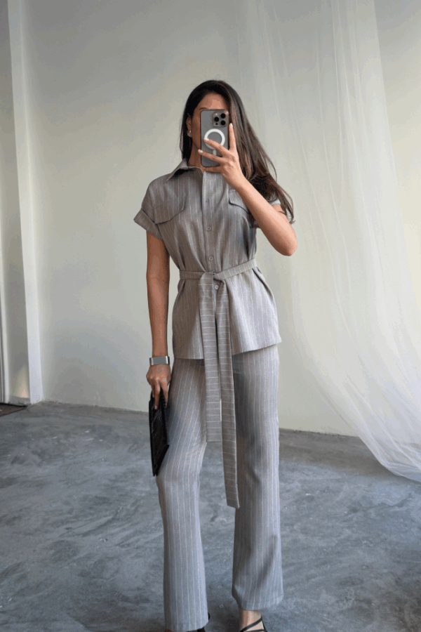 ÇİZGİLİ POLYVİSKON BLUZ - PANTOLON TAKIM - Gri