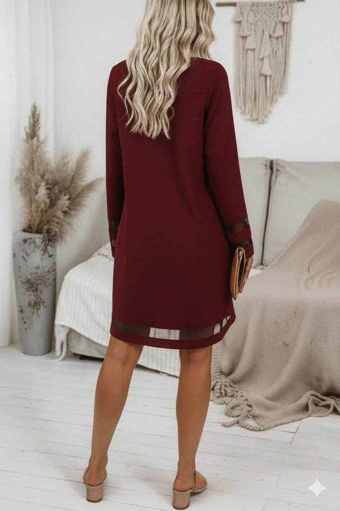 Kadın Uzun Kollu V Yakalı Tül şerit Detaylı Mini Krep Elbise - Görsel 11