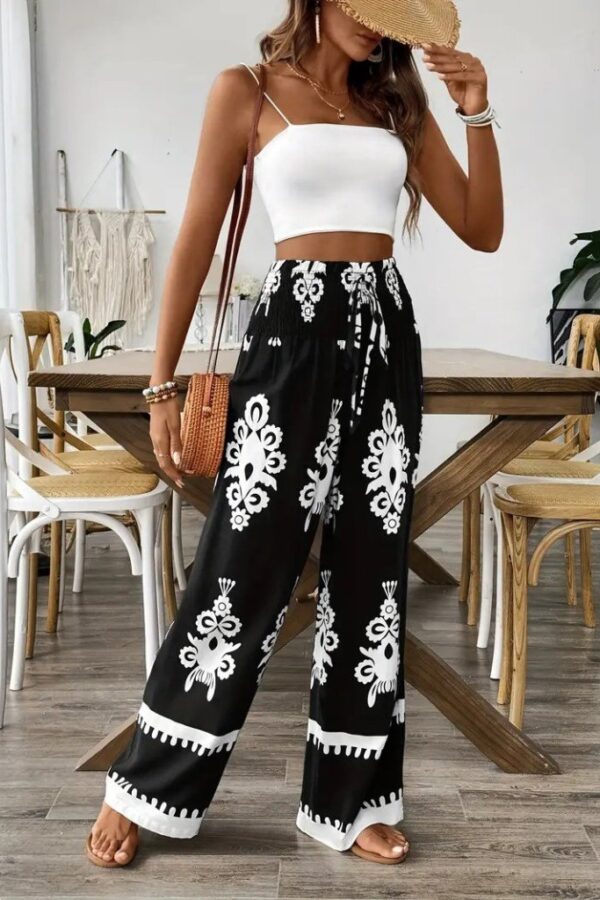 Kadın Yüksek Bel Büzgülü Etnik Desen Baskılı Süprem Pantolon