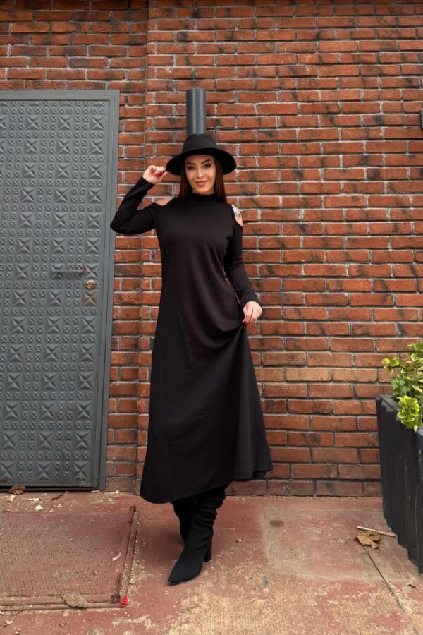 Kadın Balıkçı Yaka Omuzlardan Açık Uzun Kollu Janjan Krep Elbise