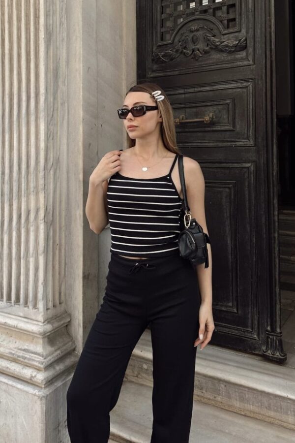 Kadın Kaşkorse Kumaş Askılı çizgili Takım