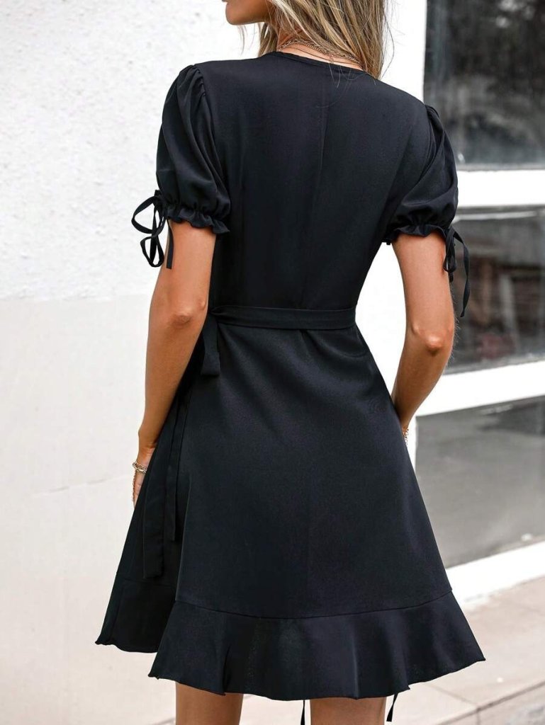 Kadın Kısa Kollu Kruvaze Yakalı Yandan Bağlamalı Janjan Krep Elbise - Görsel 5