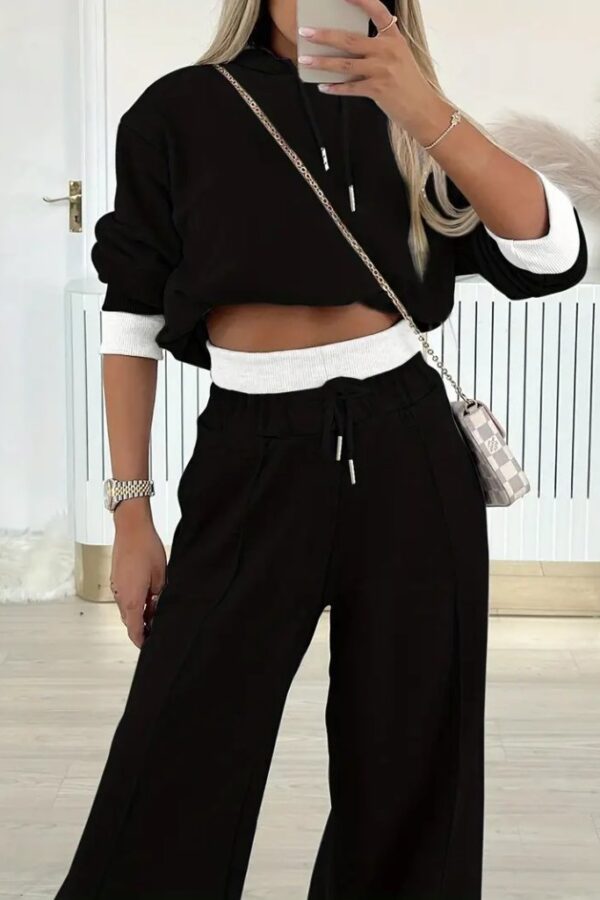 Kadın Uzun Kollu Kapşonlu Viskon Iki Iplik Bluz Ve Pantolon Ikili Takım