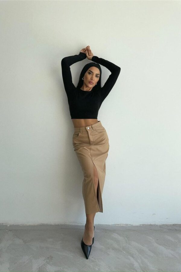 DERİ ETEK YIRTMAÇLI - Bej