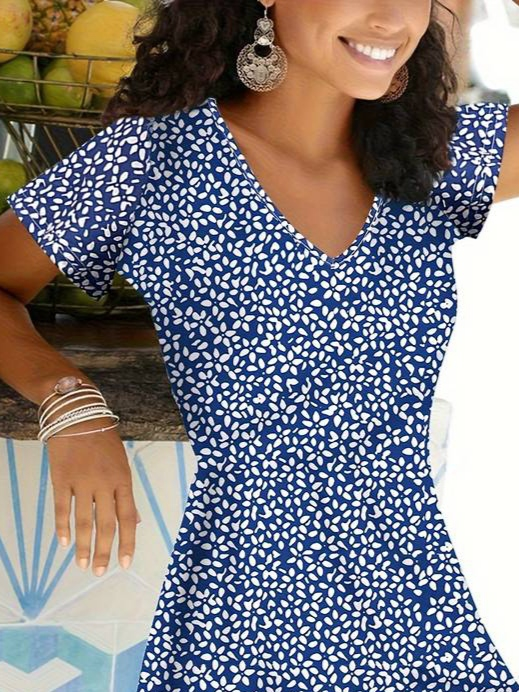 Kadın Kısa Kollu Mini çiçek Desen Süprem Elbise - Görsel 2