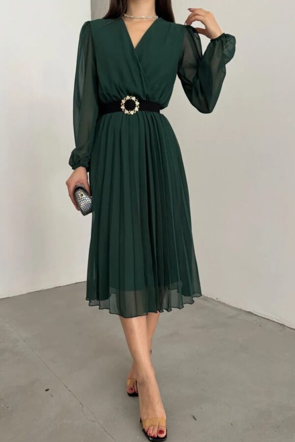 Kadın şifon Kumaş Astalı Kloş Kesim Kruvaze Yaka Midi Boy Elbise